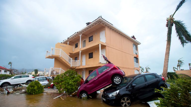 Cars piled on top of one another in Marigot, near the Bay of Nettle, on the French Collectivity of Saint Martin