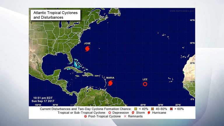 A map showing the positions of Hurricane Maria and Jose in the Atlantic at 5.30am UK time on Monday 