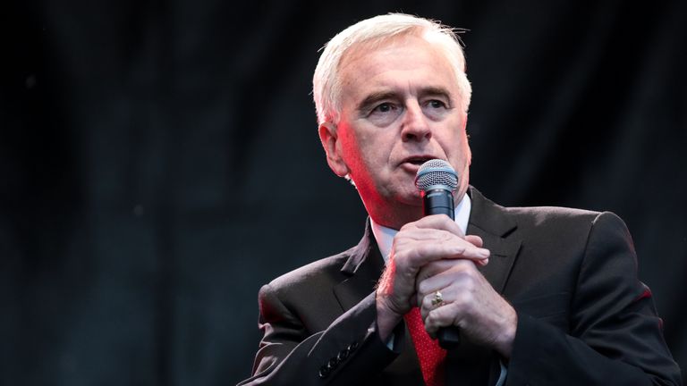 Shadow chancellor John McDonnell addresses supporters during a Labour Party rally in Park Hill park on June 6, 2017 in Croydon, England
