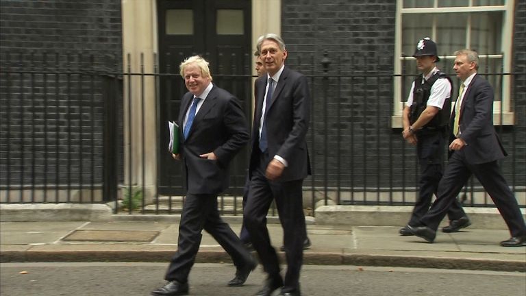 Boris Johnson and Philip Hammond walking together on Downing street.