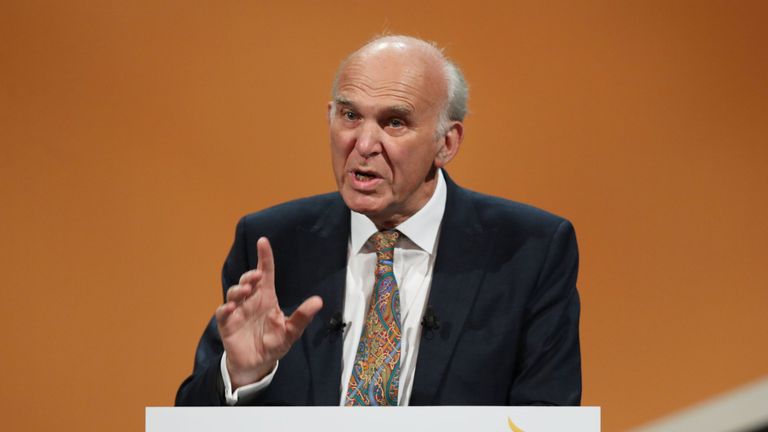 Sir Vince Cable addresses his party&#39;s annual conference at the Bournemouth
