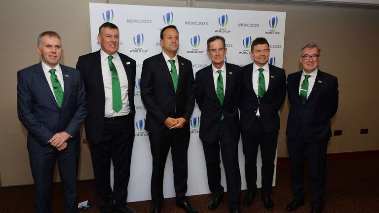 Leo Varadkar with his team - including Brian O&#39;Driscoll -  for Ireland&#39;s Rugby World Cup bid