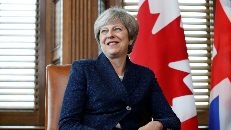 Prime Minister Theresa May takes part in a meeting with Canada's Prime Minister Justin Trudeau (not pictured) on Parliament Hill in Ottawa, Ontario, Canada, September 18, 2017