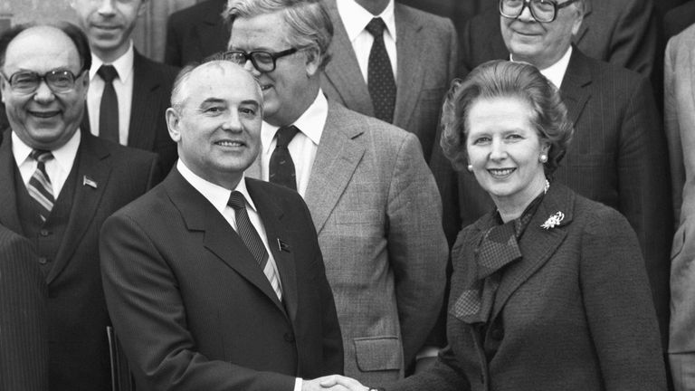Soviet Politburo member Mikhail Gorbachev shakes hands with British Prime Minister Margaret Thatcher at Chequers on December 16, 1984