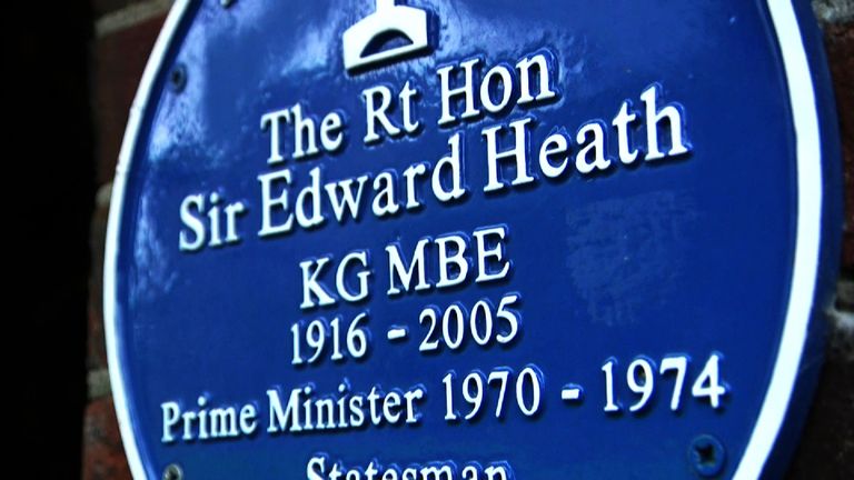 Edward Heath plaque in Adam Boulton&#39;s interview with exhibition about UK route into the EEC. 