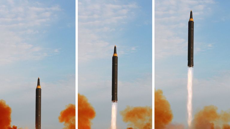 The launch of a Hwasong-12 missile in this undated photo released by North Korea's Korean Central News Agency (KCNA)