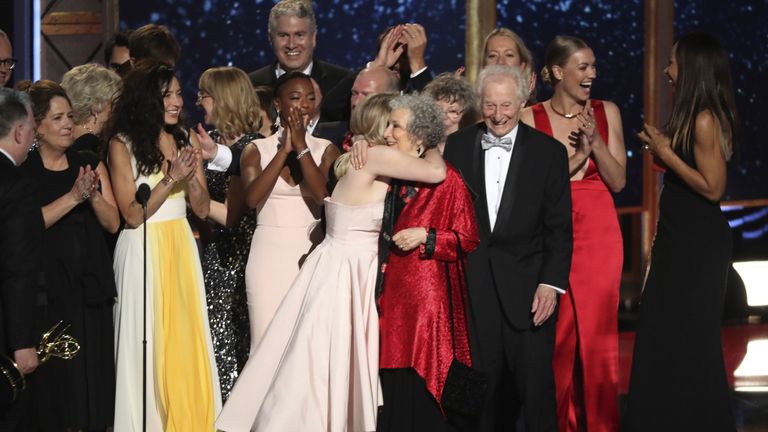 The cast of The Handmaid's Tale accepts the award for Outstanding Drama Series 