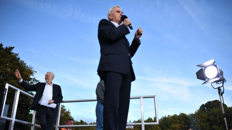 John McDonnell and Jeremy Corbyn at a Momentum rally in Brighton