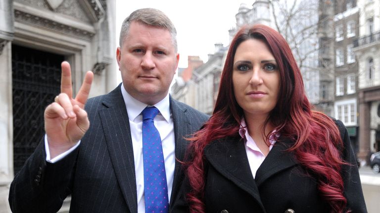 Paul Golding, leader of Britain First, and the party&#39;s deputy leader, Jayda Fransen, arrive at the Royal Courts of Justice in central London, where he is appearing in connection with an alleged breach of an injunction, relating to his activities around mosques.