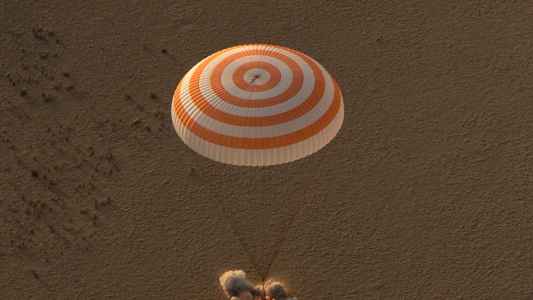 In this handout photo provided by NASA, the Soyuz MS-04 spacecraft is seen as it lands with Expedition 52 Commander Fyodor Yurchikhin of Roscosmos and Flight Engineers Peggy Whitson and Jack Fischer of NASA near the town of Zhezkazgan, Kazakhstan