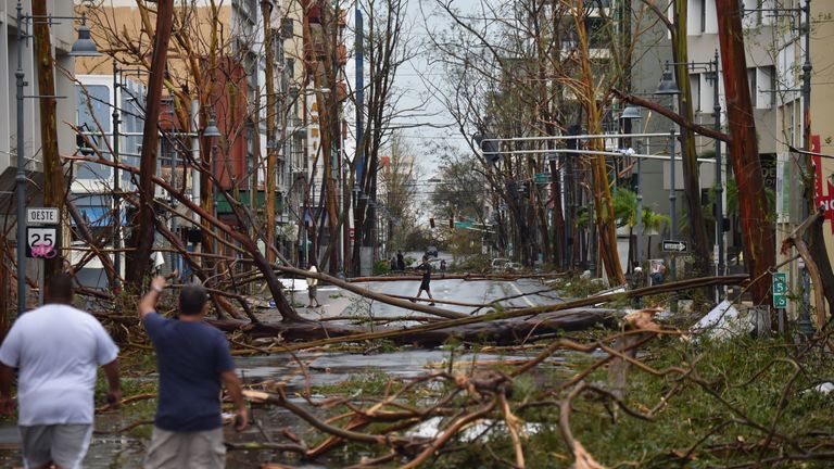 Men walk among damaged trees in San Juan  after the passage of Hurricane Maria