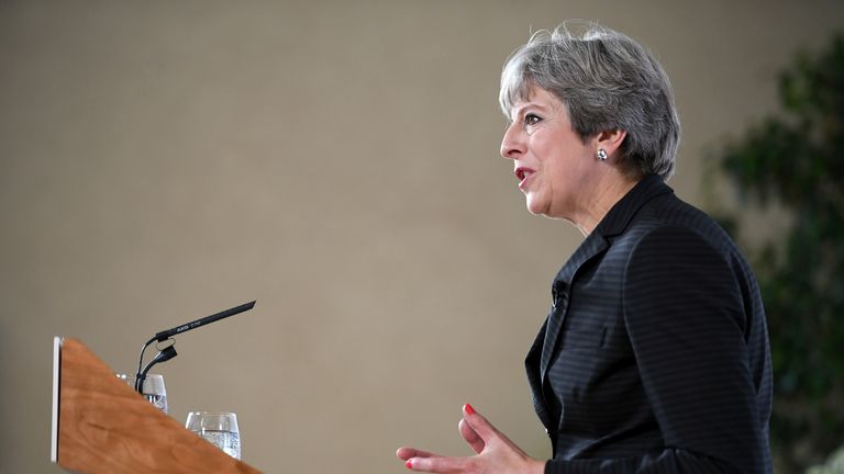 Britain&#39;s Prime Minister Theresa May gives a speech in Complesso Santa Maria Novella, Florence