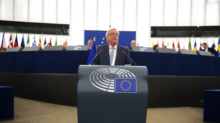 European Commission President Jean-Claude Juncker delivers his State of the Union speech at the European Parliament in Strasbourg