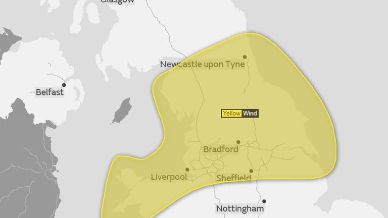 Tuesday&#39;s yellow warning is in place across parts of England and Wales. Pic: Met Office