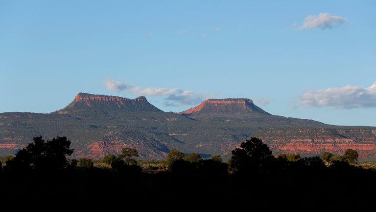 The two bluffs known as the &#39;Bears Ears&#39; seen at sunset in the Bears Ears National Monument in Utah