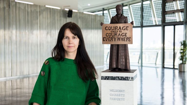 Gillian Wearing with a model of suffragist leader Millicent Fawcett