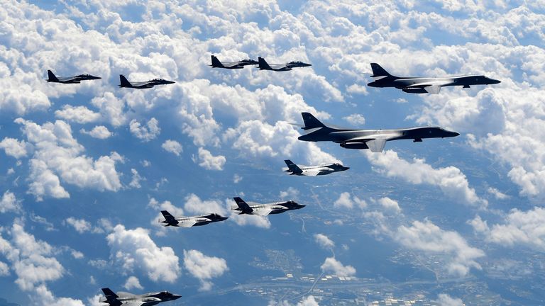 U.S. Air Force B-1B Lancer bombers flying with F-35B fighter jets