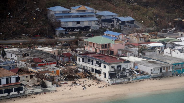 An aerial view of the houses destroyed by Irma during the visit of France's President Emmanuel Macron to the French Caribbean island of St. Martin 