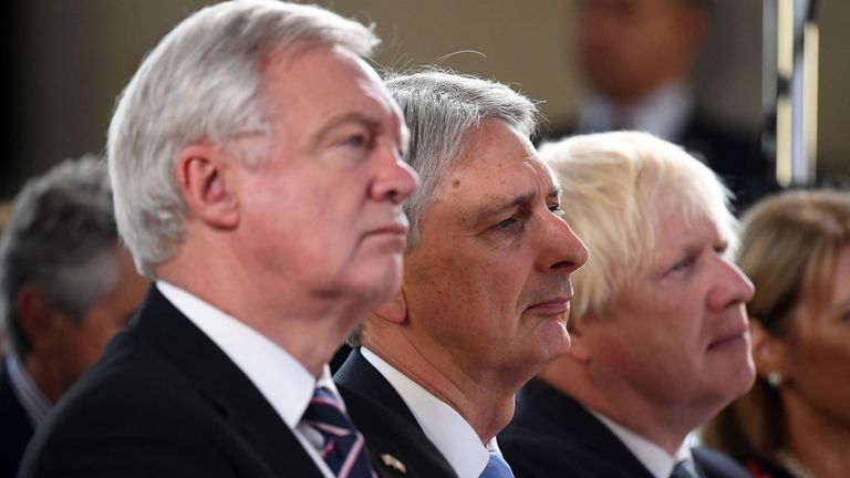David Davis, Philip Hammond and Boris Johnson listen to Theresa May's Brexit speech
