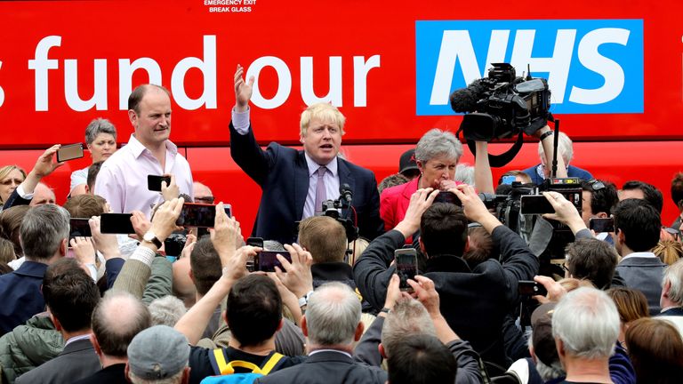 STAFFORD, ENGLAND - MAY 17: Boris Johnson MP, Labour MP Gisela Stuart and UKIP MP Douglas Carswell address the people of Stafford in Market Square during the Vote Leave, Brexit Battle Bus tour on May 17, 20016 in Stafford, England. Boris Johnson and the Vote Leave campaign are touring the UK in their Brexit Battle Bus. The campaign is hoping to persuade voters to back leaving the European Union in the Referendum on the 23rd June 2016. (Photo by Christopher Furlong/Getty Images)