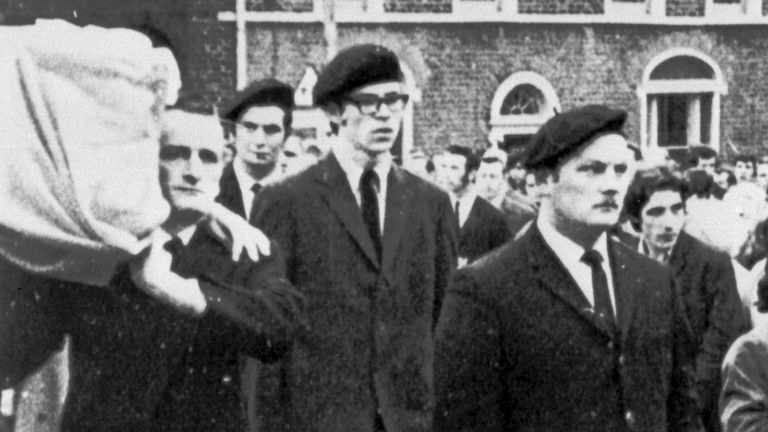 Jan 1973: Gerry Adams (centre) in Belfast, acting as a member of the IRA guard of honour at the funeral of a member who was killed whilst planting a bomb