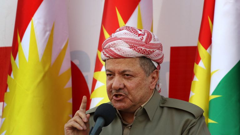 Iraqi Kurdish leader Massud Barzani delivers a speech during a rally to urge people to vote in the upcoming independence referendum in Arbil, the capital of the autonomous Kurdish region of northern Iraq, on September 22, 2017. Barzani insisted that the controversial September 25 independence referendum for his autonomous Kurdish region in northern Iraq will go ahead, even as last-minute negotiations aimed to change his mind. / AFP PHOTO / SAFIN HAMED (Photo credit should read SAFIN HAMED/AFP/Ge