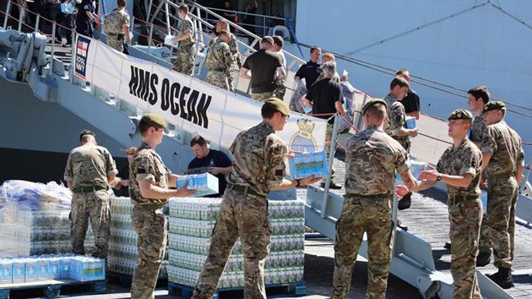 HMS Ocean is loaded with supplies for its mission in the Caribbean. Pic: MoD