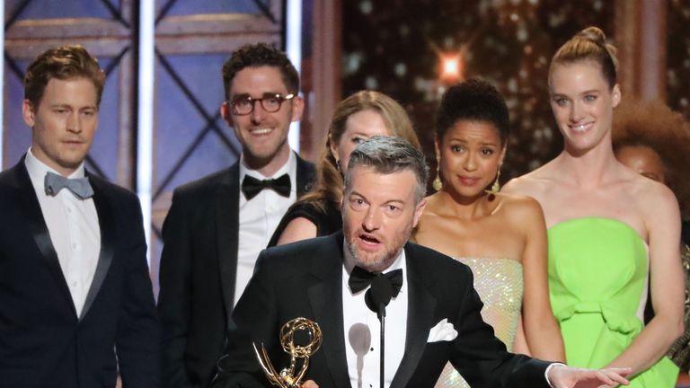 Charlie Brooker accepts the award for outstanding TV movie for Black Mirror: San Junipero