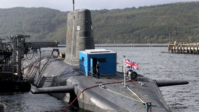 The Vanguard-class nuclear deterrent submarine HMS Vengeance at HM Naval Base Clyde, Faslane