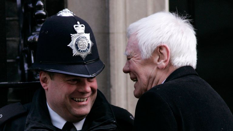 Tony Booth shares a joke with a policeman outside No 10 in 1997