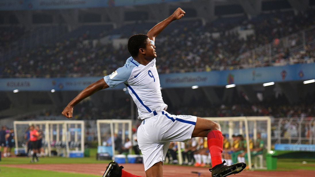 Rhian Brewster celebrates after scoring a hat-trick in the U-17 World Cup