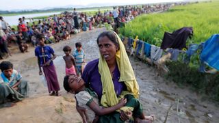 A Rohingya refugee who crossed the border from Myanmar a day before, carries her daughter and searches for help in Palang Khali, Bangladesh