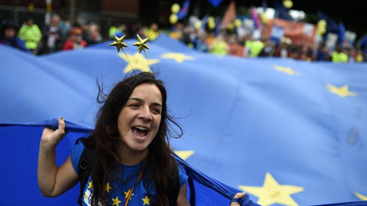 Protesters take part in an anti-Brexit demonstration in Manchester to coincide with the first day of the Conservative Party annual conference at the Manchester Central Convention Centre, on October 1, 2017