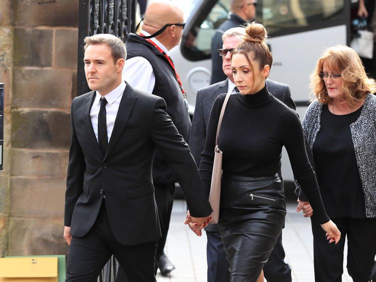 Soap stars Alan Halsall and wife Lucy-Jo Hudson arriving at Salford Cathedral for the funeral service of Coronation Street actress Liz Dawn