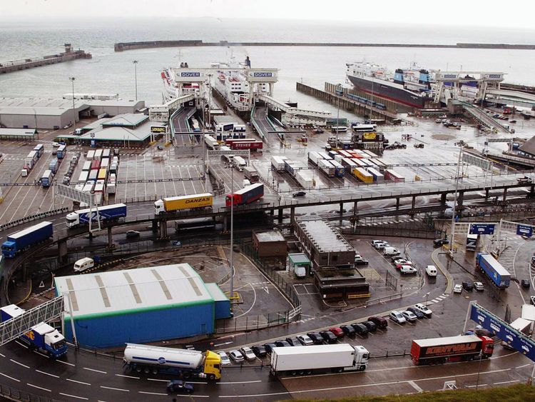 DOVER, ENGLAND - MAY 14: Container lorries from Europe leave the Port of Dover on May 14, 2003 in Dover, England. Her Majesty&#39;s customs announced today that security would be seriously upgraded to counter any terrorist attacks including the import of dirty bombs. (Photo by Hugo Philpott/Getty Images)
