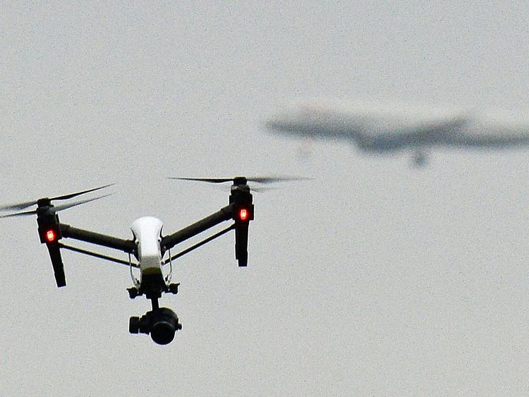 A drone flies near Heathrow. File pic