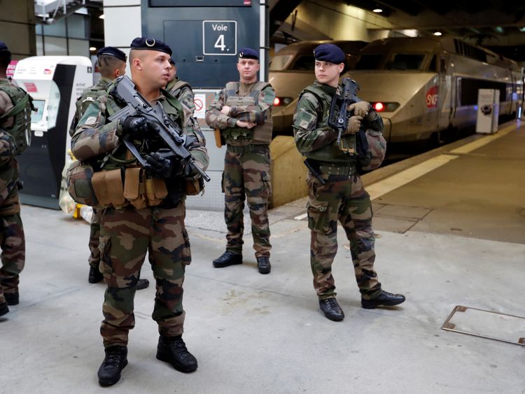 French soldiers at a train station in Paris