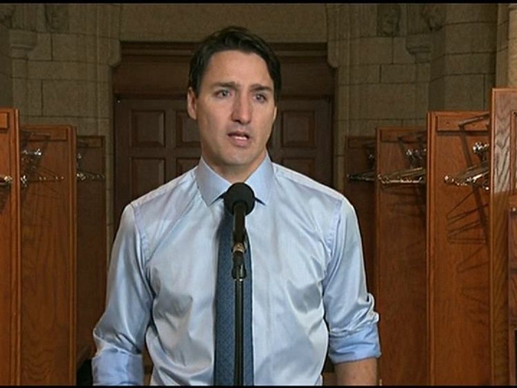 Justin Trudeau gives an emotional statement to the media in Ottawa