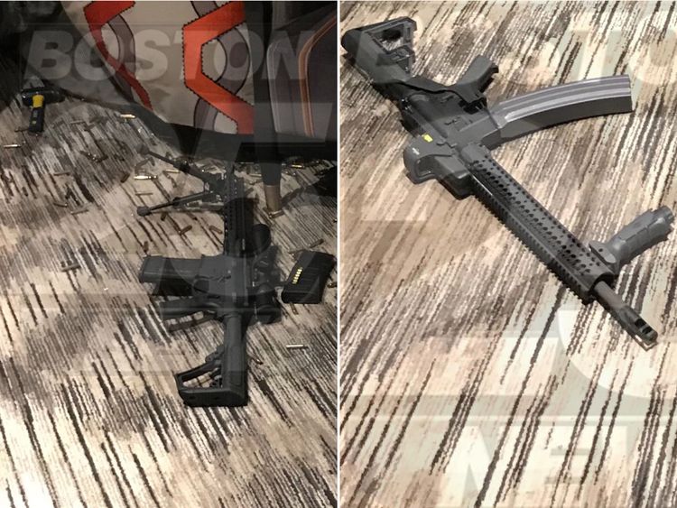 Two of the arsenal of weapons found inside Paddock's room. Pic: Fox25Boston