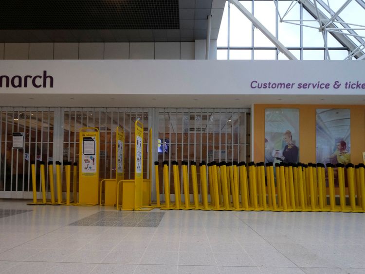A Monarch customer service office is closed after the airline ceased trading, at Manchester airport in Britain, October 2, 2017. 