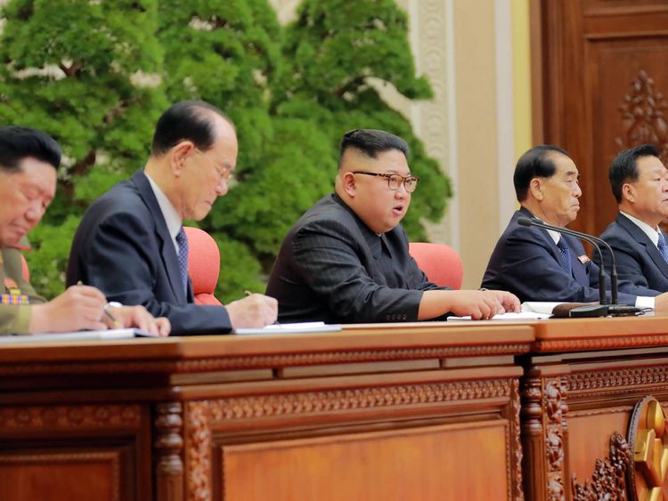 Kim Jong Un speaks to party officials in Pyongyang