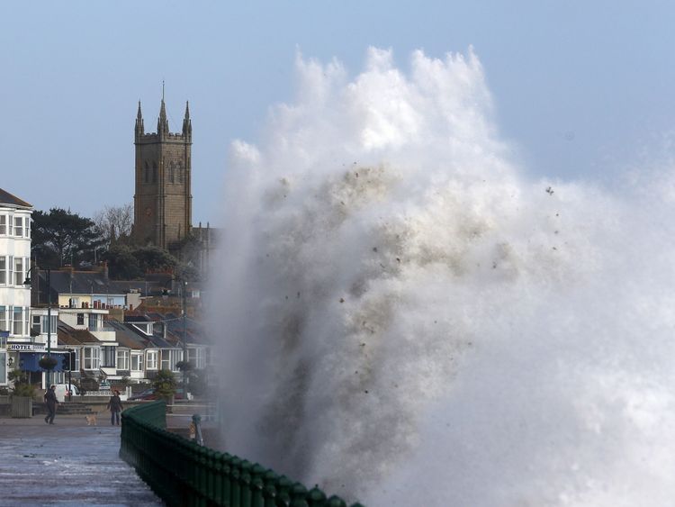 Storm Ophelia sends waves crashing up onto Penzance seafront