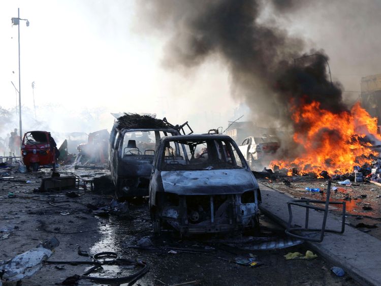 A general view shows the scene of an explosion in KM4 street in the Hodan district of Mogadishu, Somalia October 14, 2017. REUTERS/Feisal Omar