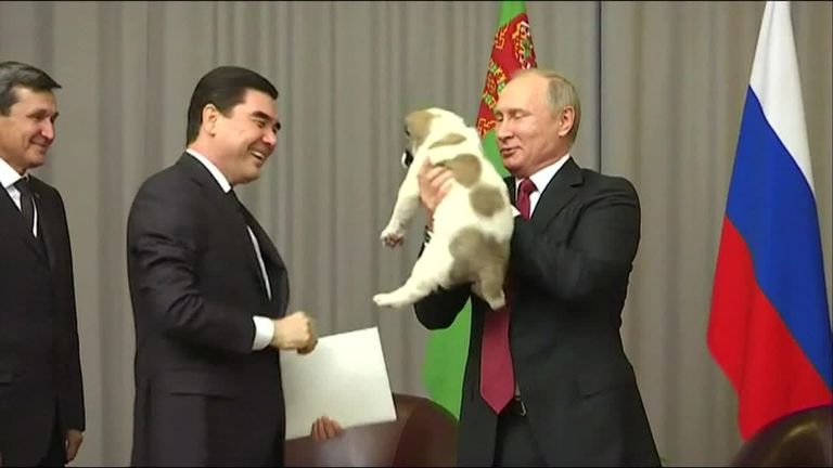 Vladimir Putin is given a puppy for his birthday