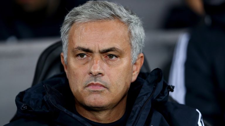 Jose Mourinho, Manager of Manchester United looks on during the Carabao Cup Fourth Round match against Swansea City
