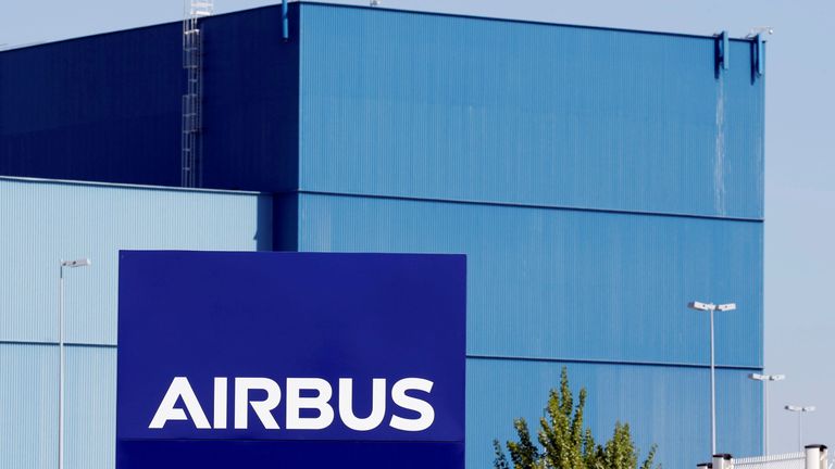 FILE PHOTO: The logo of Airbus Group is seen on the company&#39;s headquarters building in Toulouse, Southwestern France, April 18, 2017. 