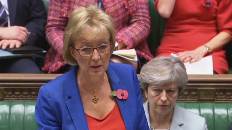 Theresa May sits behind Commons Leader Andrea Leadsom
