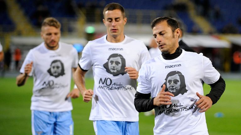 Stefan Radu of Lazio wears a shirt depicting Anne Frank saying &#39;no to anti-Semitism&#39;