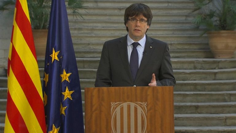 Catalonia&#39;s disputed president Carles Puigdemont makes a television address