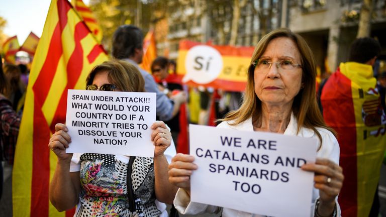 Hundreds of thousands of anti-independence demonstrators marched in Barcelona